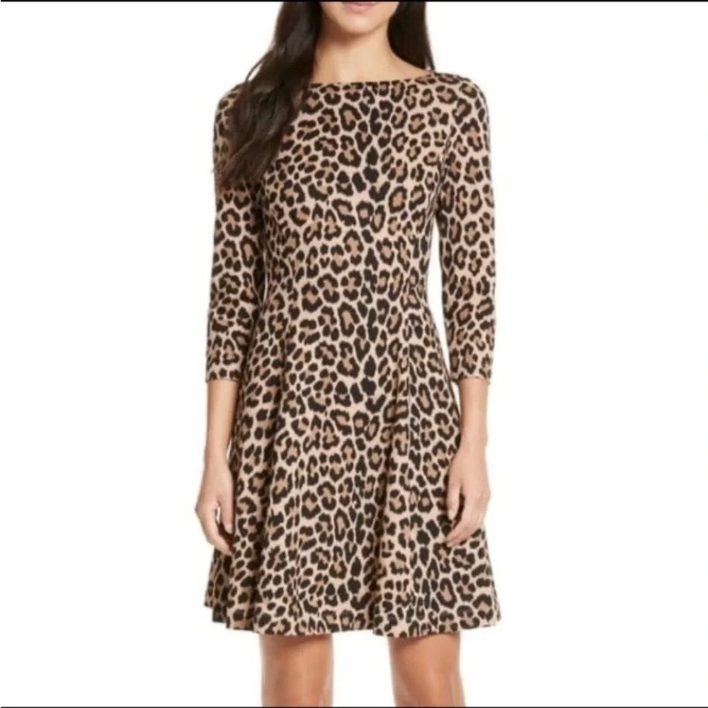 Kate Spade Leopard-print Ponte Dress Fit & Flare 3/4 Sleeves Brown Size 10